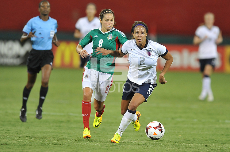 Sydney Leroux (2) of the USWNT goes against Lupita Worbis (8) of Mexico. The USWNT defeated Mexico 7-0 during an international friendly, at RFK Stadium, Tuesday September 3 , 2013.