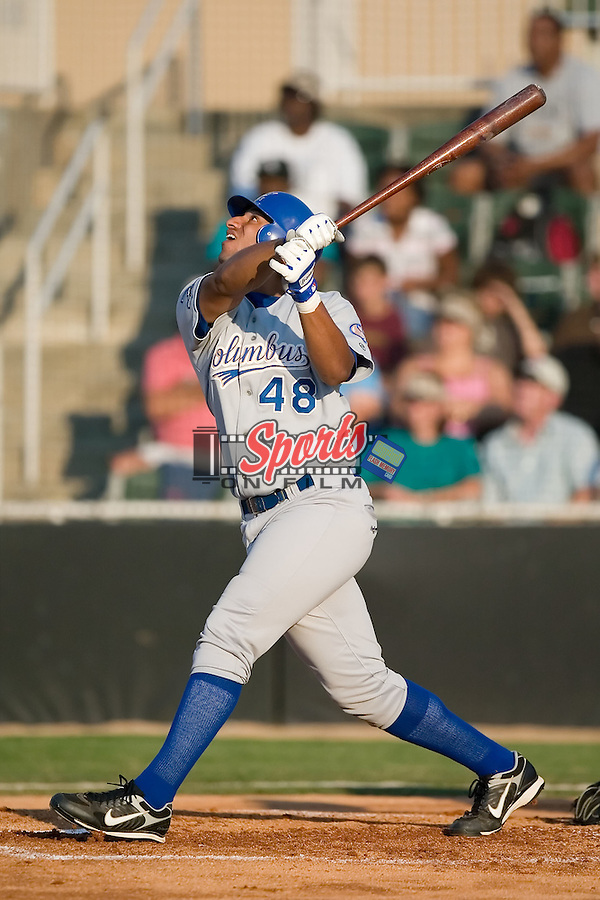 Columbus designated hitter Matt Fields (48) follows through on his swing versus Kannapolis at Fieldcrest Cannon Stadium in Kannapolis, NC, Saturday, July 21, 2007. The Intimidators defeated the Catfish 4-1.