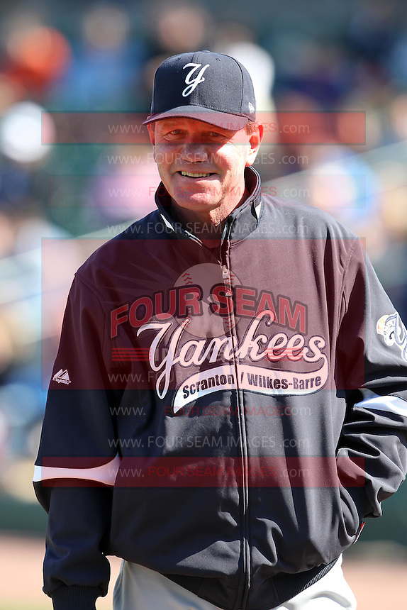 Scranton Wilkes-Barre Yankees manager Dave Miley #11 during introductions before a game against the Rochester Red Wings at Frontier Field on April 9, 2011 in Rochester, New York. Rochester defeated Scranton 7-6 in twelve innings. Photo By Mike Janes/Four Seam Images