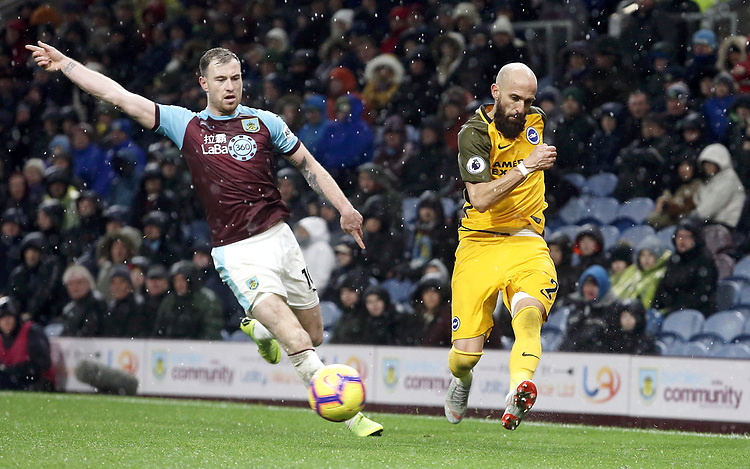 Brighton & Hove Albion's Bruno Saltor passes under pressure from Burnley's Ashley Barnes<br />
<br />
Photographer Rich Linley/CameraSport<br />
<br />
The Premier League - Burnley v Brighton and Hove Albion - Saturday 8th December 2018 - Turf Moor - Burnley<br />
<br />
World Copyright © 2018 CameraSport. All rights reserved. 43 Linden Ave. Countesthorpe. Leicester. England. LE8 5PG - Tel: +44 (0) 116 277 4147 - admin@camerasport.com - www.camerasport.com