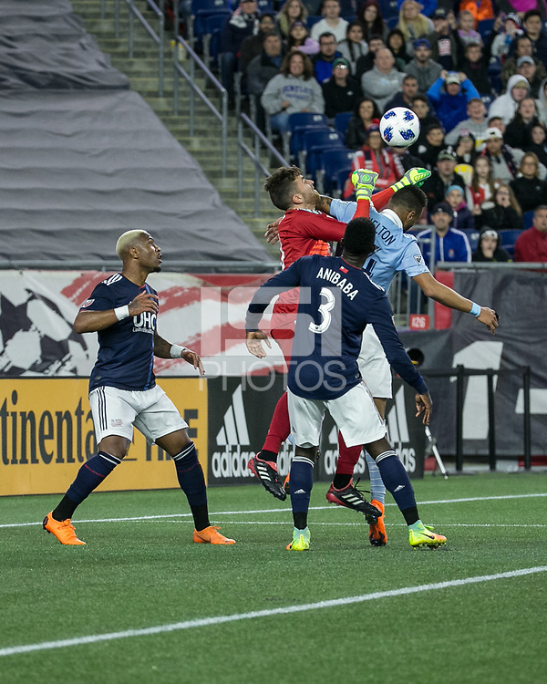 Foxborough, Massachusetts - April 28, 2018: The New England Revolution (blue) beat Sporting Kansas City (light blue) 1-0 in a Major League Soccer (MLS) match at Gillette Stadium.