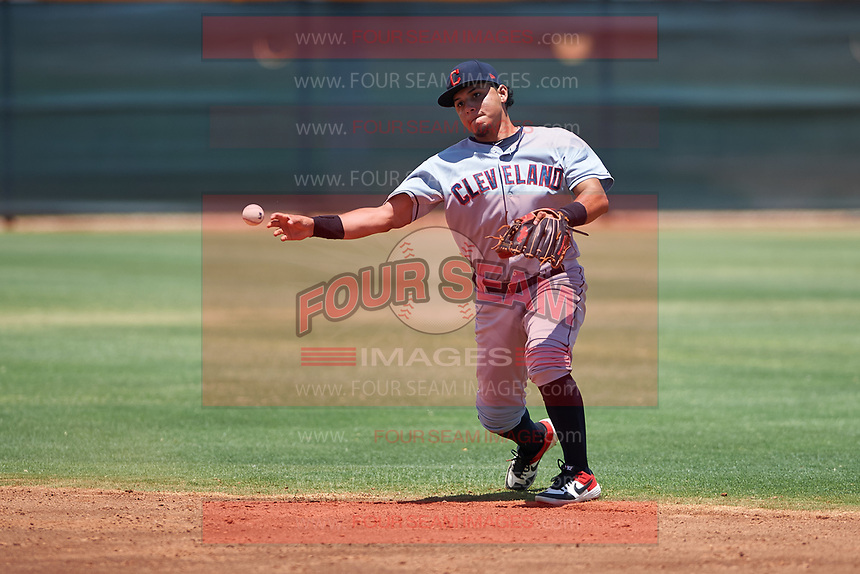AZL Indians Red second baseman Jothson Flores (9) throws to first base during an Arizona League game against the AZL Indians Blue on July 7, 2019 at the Cleveland Indians Spring Training Complex in Goodyear, Arizona. The AZL Indians Blue defeated the AZL Indians Red 5-4. (Zachary Lucy/Four Seam Images)