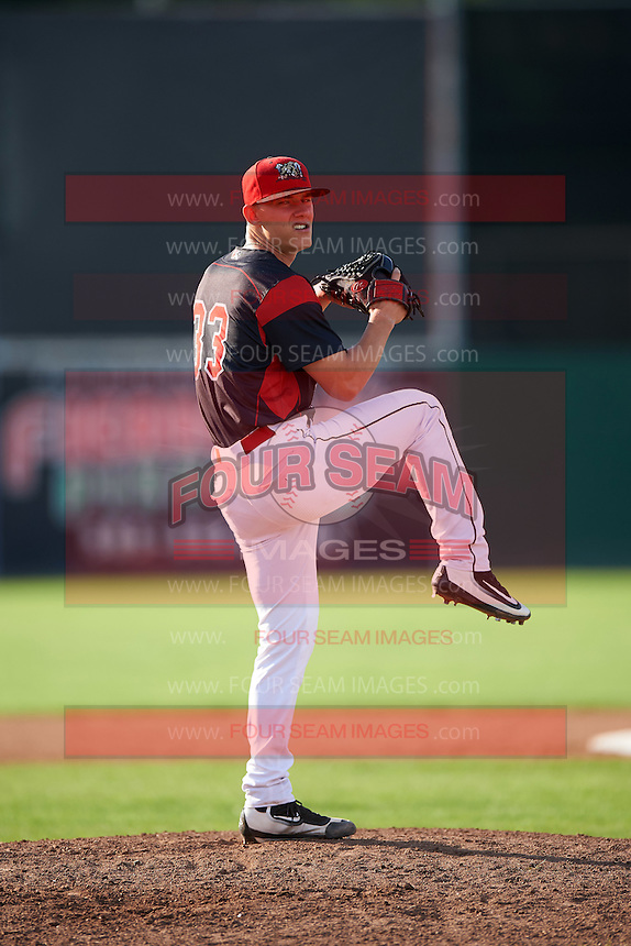 Batavia Muckdogs relief pitcher Shane Sawczak (33) during a game against the West Virginia Black Bears on August 21, 2016 at Dwyer Stadium in Batavia, New York. West Virginia defeated Batavia 6-5. (Mike Janes/Four Seam Images)