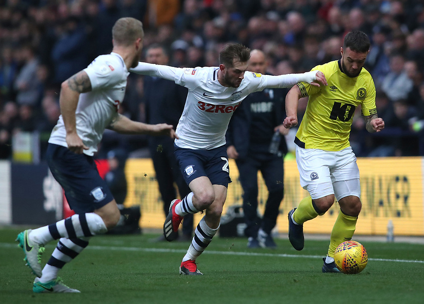 Preston North End's Tom Barkhuizen and Blackburn Rovers' Adam Armstrong<br />
<br />
Photographer Rachel Holborn/CameraSport<br />
<br />
The EFL Sky Bet Championship - Preston North End v Blackburn Rovers - Saturday 24th November 2018 - Deepdale Stadium - Preston<br />
<br />
World Copyright © 2018 CameraSport. All rights reserved. 43 Linden Ave. Countesthorpe. Leicester. England. LE8 5PG - Tel: +44 (0) 116 277 4147 - admin@camerasport.com - www.camerasport.com