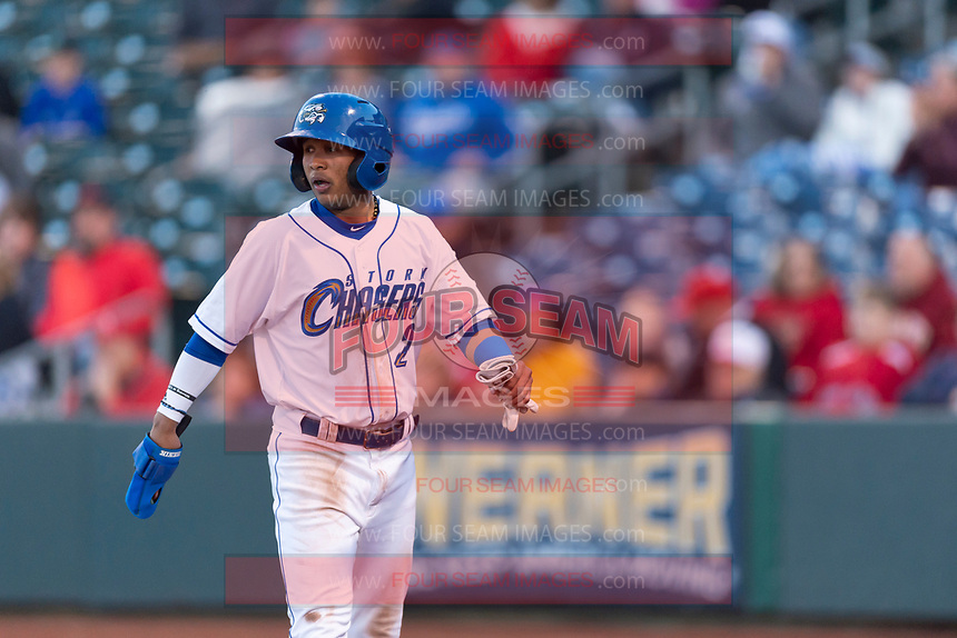 Omaha Storm Chasers third baseman Jecksson Flores (2) during a Pacific Coast League game against the Memphis Redbirds on April 26, 2019 at Werner Park in Omaha, Nebraska. Memphis defeated Omaha 7-3. (Zachary Lucy/Four Seam Images)