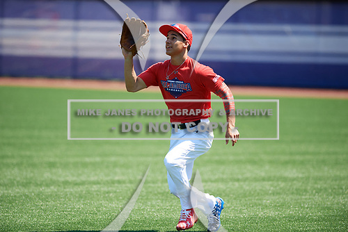 Alek Thomas (2) of Mount Carmel High School in Chicago, Illinois during the Under Armour All-American Game practice presented by Baseball Factory on July 28, 2017 at Rocky Miller Park in Evanston, Illinois. (Mike Janes/Four Seam Images)