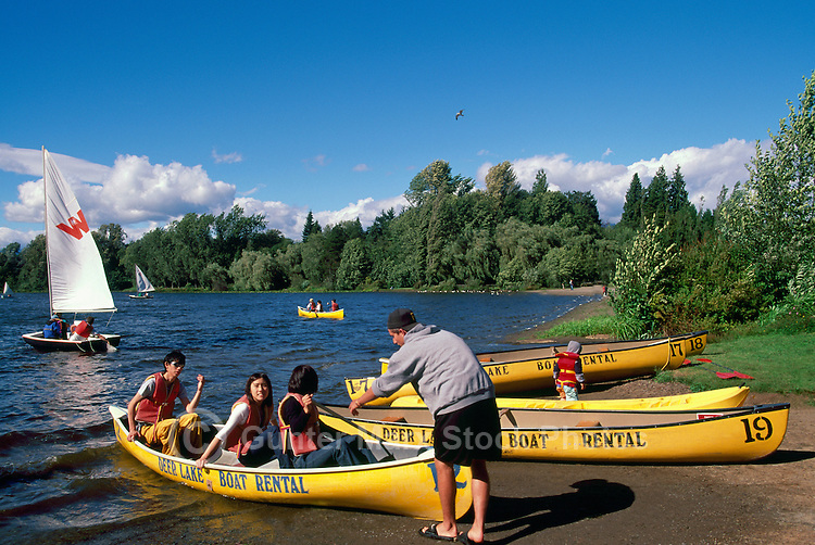 Burnaby, BC, British Columbia, Canada - People canoeing and sailing on Deer Lake, Deer Lake Park, Boat Rental, Boats for Rent, Summer