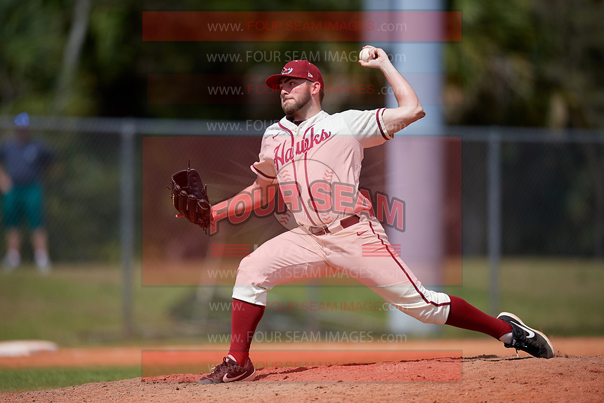 Saint Joseph's Hawks relief pitcher Luke Zimmerman (15) during a game against the Ball State Cardinals on March 9, 2019 at North Charlotte Regional Park in Port Charlotte, Florida. Ball State defeated Saint Joseph's 7-5. (Mike Janes/Four Seam Images)