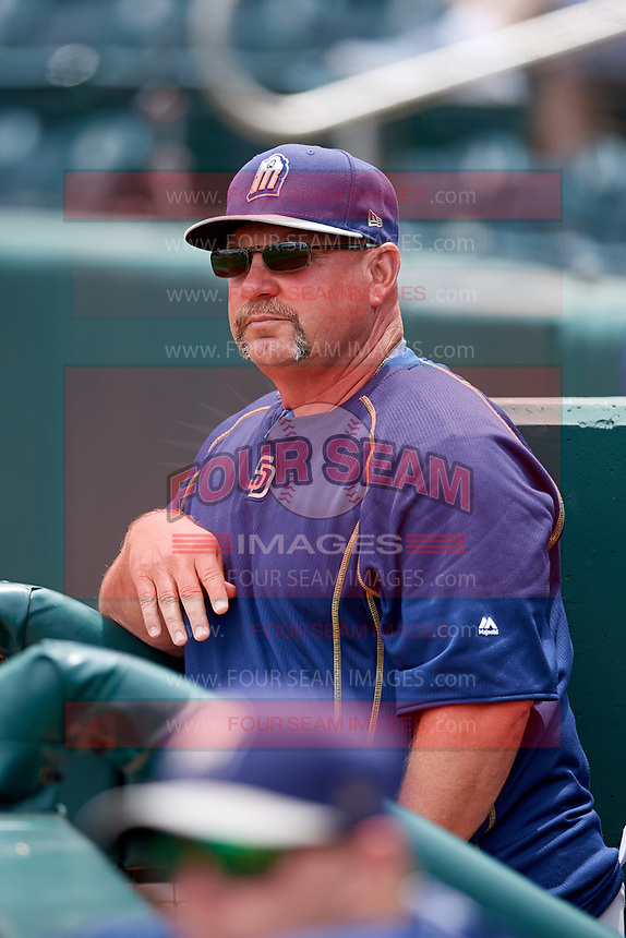 San Antonio Missions manager Phillip Wellman (30) in the dugout before a game against the Springfield Cardinals on June 4, 2017 at Hammons Field in Springfield, Missouri. San Antonio defeated Springfield 6-1. (Mike Janes/Four Seam Images)