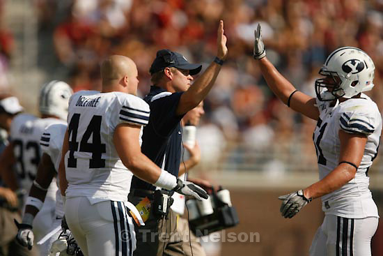 Trent Nelson | The Salt Lake Tribune.BYU coach Bronco Mendenhall high-fives BYU linebacker Shane Hunter (51) in the second quarter, BYU vs. Florida State, college football Saturday, September 18, 2010 at Doak Campbell Stadium in Tallahassee, Florida.