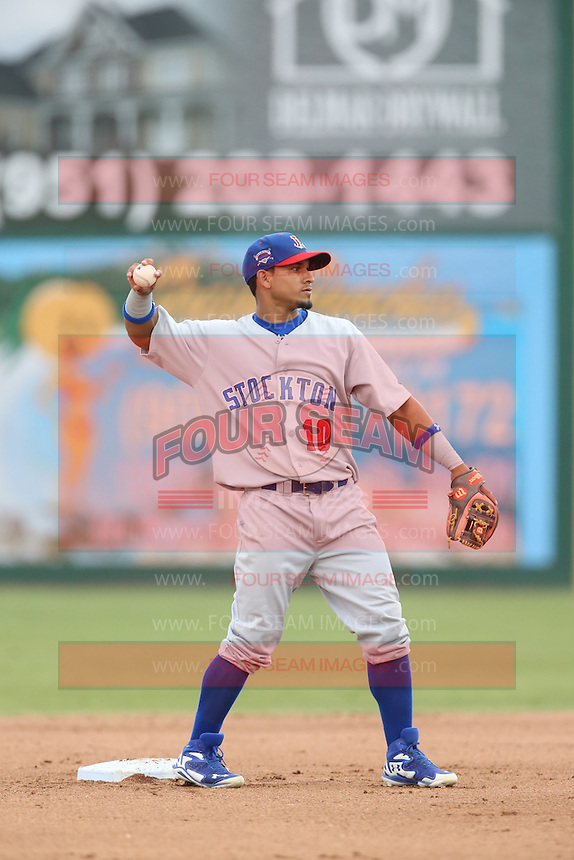 Franklin Barreto (10) of the Stockton Ports throws during a game against the Inland Empire 66ers at San Manuel Stadium on June 28, 2015 in San Bernardino, California. Stockton defeated Inland Empire, 4-1. (Larry Goren/Four Seam Images)