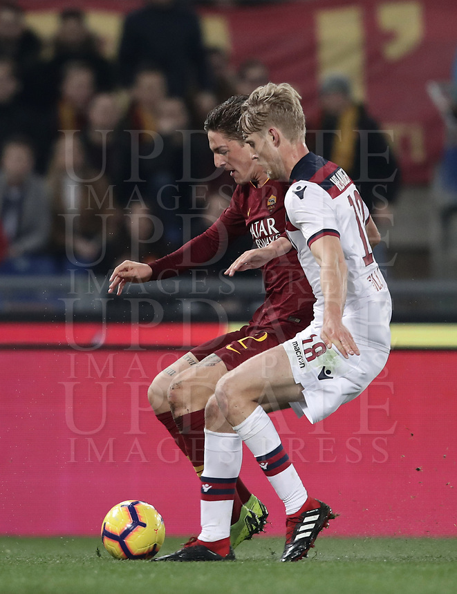 Football, Serie A: AS Roma - Bologna FC, Olympic stadium, Rome, February 18, 2019. <br />
Roma's Nicolò Zaniolo (l) in action with Bologna's Filip Helander (r) during the Italian Serie A football match between AS Roma and Bologna FC at Olympic stadium in Rome, on February 18, 2019.<br />
UPDATE IMAGES PRESS/Isabella Bonotto