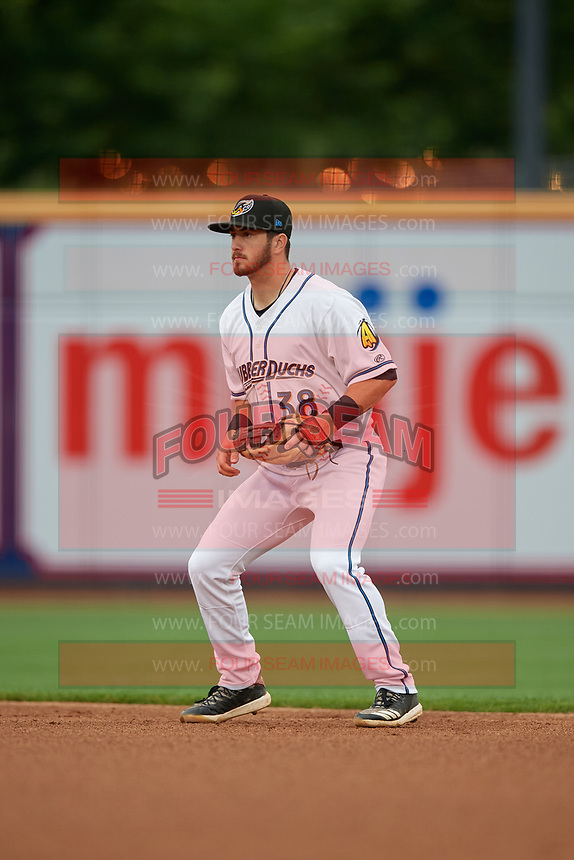 Akron RubberDucks second baseman Tyler Friis (38) during an Eastern League game against the Reading Fightin Phils on June 4, 2019 at Canal Park in Akron, Ohio. Akron defeated Reading 8-5. (Mike Janes/Four Seam Images)