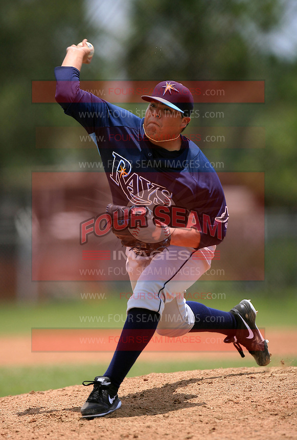 GCL Rays pitcher Mike Franco (10) delivers a pitch during a game against the GCL Twins on July 2, 2014 at Lee County Sports Complex in Fort Myers, Florida. GCL Rays defeated the GCL Twins 4-3. (Greg Wagner/Four Seam Images)