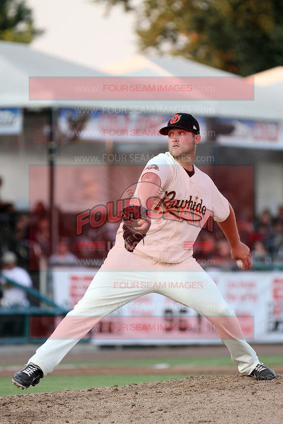 Visalia Rawhide pitcher Mike Belfiore #37 pitches against the Stockton Ports at Recreation Park on July 30, 2011 in Visalia,California. Visalia defeated Stockton 11-2.(Larry Goren/Four Seam Images)