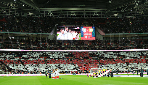 29.03.2016. Wembley Stadium, London, England. International Football Friendly England versus Netherlands. As the English National Anthem is sung, the crowd form the St Georges Cross