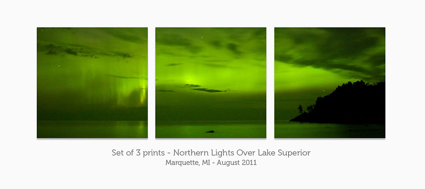Display a print in a different way with this 3-print photo split of the Northern Lights over Lake Superior. Marquette, MI