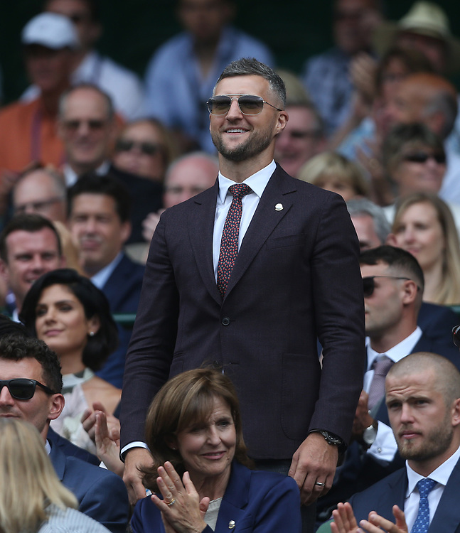 Boxer Carl Froch is introduced to the Centre Court crowd<br />
<br />
Photographer Rob Newell/CameraSport<br />
<br />
Wimbledon Lawn Tennis Championships - Day 6 - Saturday 6th July 2019 - All England Lawn Tennis and Croquet Club - Wimbledon - London - England<br />
<br />
World Copyright © 2019 CameraSport. All rights reserved. 43 Linden Ave. Countesthorpe. Leicester. England. LE8 5PG - Tel: +44 (0) 116 277 4147 - admin@camerasport.com - www.camerasport.com