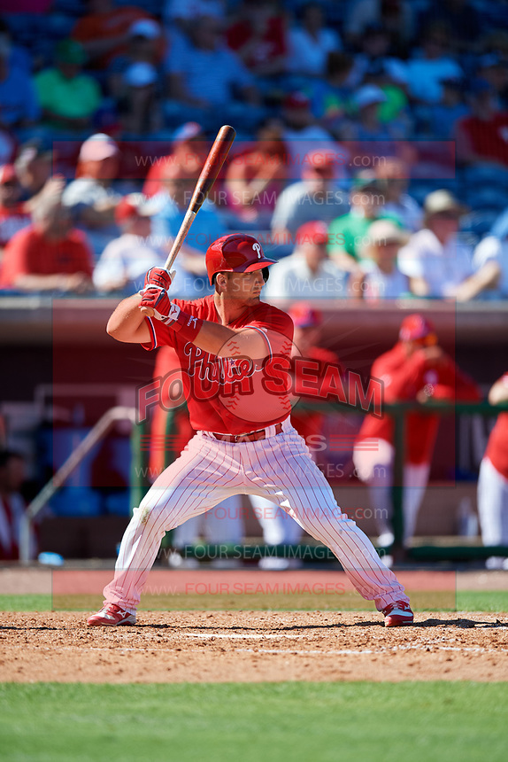 Philadelphia Phillies first baseman Austin Listi (76) at bat during a Grapefruit League Spring Training game against the Baltimore Orioles on February 28, 2019 at Spectrum Field in Clearwater, Florida. Orioles tied the Phillies 5-5. (Mike Janes/Four Seam Images)