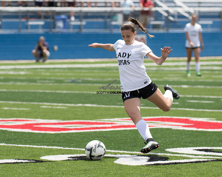 Vandegrift Vipers senior midfielder Jocie Lackey (13) prepares to take a shot on goal during the Class 6A UIL girls soccer state semifinal game between the Vandegrift Vipers and the Katy Tompkins Falcons at Birkelbach Field in Georgetown, Texas, on April 14, 2017. Tompkins won 3-1.