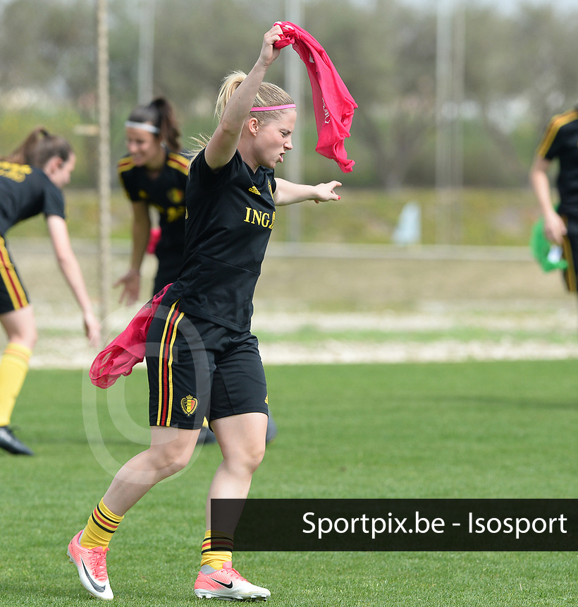 20180306 - LARNACA , CYPRUS : Belgian Jana Coryn pictured during a Matchday -1 training from The Belgian Red Flames prior to their game against South Africa , on tuesday 6 March 2018 at the Alpha Sports Grounds in Larnaca , Cyprus . This will be the final game for Belgium during the Cyprus Womens Cup for a battle for the 5th place , a prestigious women soccer tournament as a preparation on the World Cup 2019 qualification duels. PHOTO SPORTPIX.BE | DAVID CATRY
