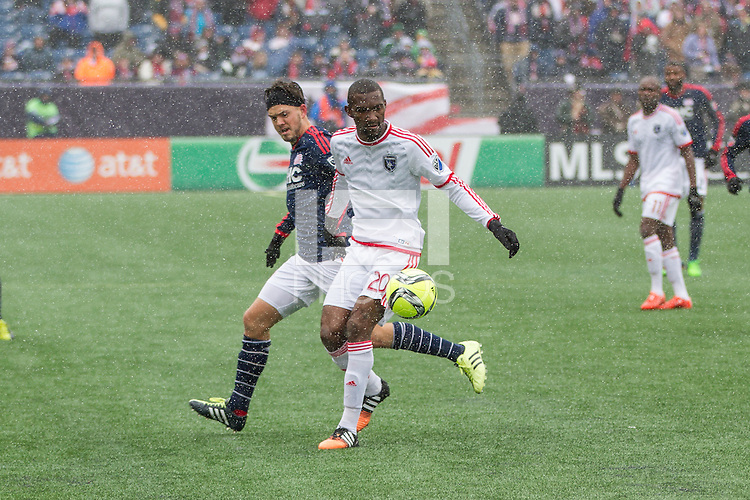Foxborough, Massachusetts - March 28, 2015: The New England Revolution (blue and red) defeated SJ Earthquake (white and red), 2-1 in a Major League Soccer (MLS) match at Gillette Stadium.