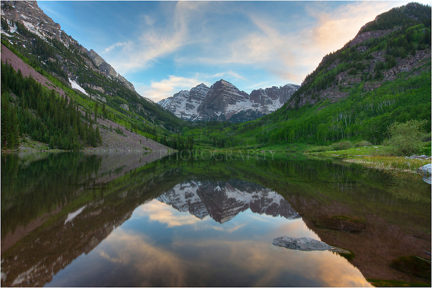From the Maroon Bells Wilderness area, this Colorado image comes from just after sunset at Maroon Lake. The evening air was perfectly calm and the reflections of the Bells looked like a mirror.