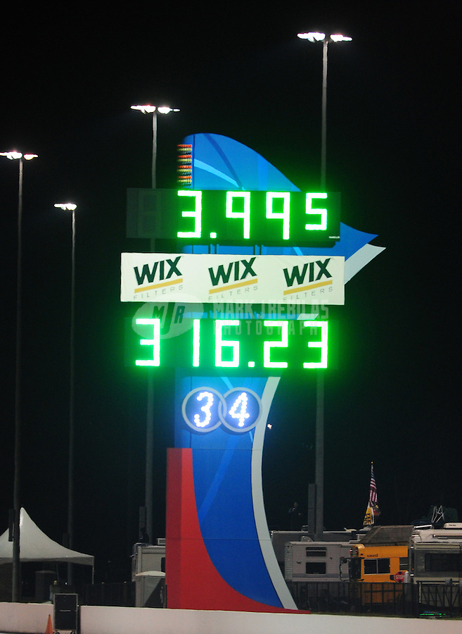 Sept. 16, 2011; Concord, NC, USA: Detailed view of the scoreboard following the run by NHRA funny car driver Matt Hagan (not pictured) during qualifying for the O'Reilly Auto Parts Nationals at zMax Dragway. Hagan became the first funny car driver to break the four second barrier with a time of 3.995. Mandatory Credit: Mark J. Rebilas-US PRESSWIRE
