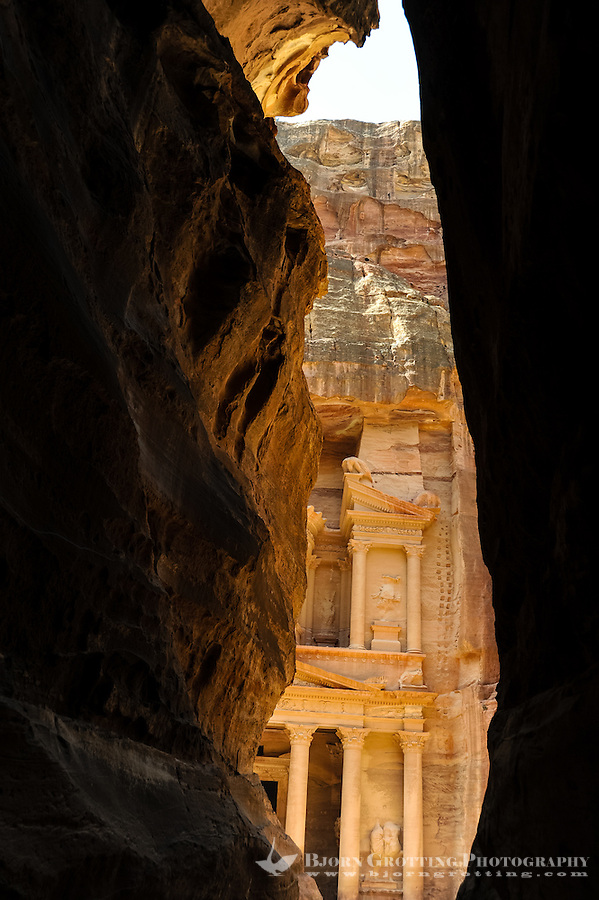 Petra is Jordan's most visited tourist attraction. al-Siq is the main entrance to the ancient city. Al Khazneh, The Treasury, seen from the end of the gorge.
