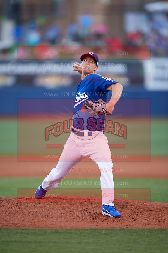 Tulsa Drillers starting pitcher Walker Buehler (4) delivers a pitch during against the Corpus Christi Hooks on June 3, 2017 at ONEOK Field in Tulsa, Oklahoma. Corpus Christi defeated Tulsa 5-3. (Mike Janes/Four Seam Images)