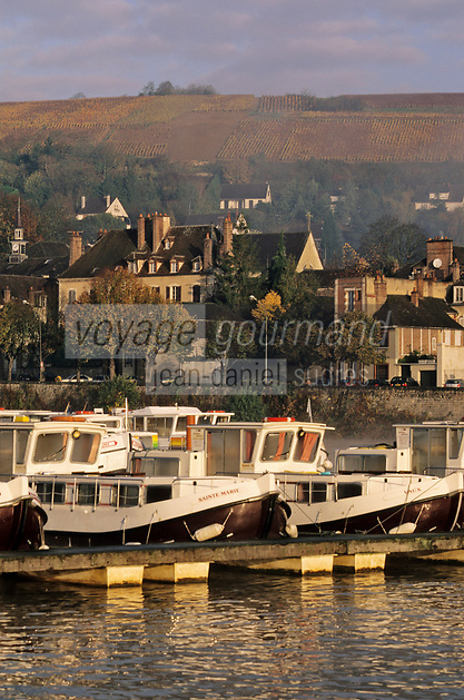 Europe/France/89/Yonne/Joigny : Brumes matinales sur la vallée de l'Yonne, le port fluvial avec les house-boat, les maisons du village et le vignoble de la Côte Saint Jacques