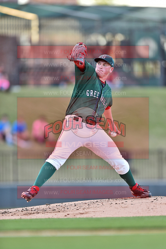 Greenville Drive starting pitcher Jay Groome (28) delivers a pitch during a game against the Lexington Legends at Fluor Field at West End on April 10, 2017 in Greenville, South Carolina. The Legends defeated the Drive 12-4 (Tony Farlow/Four Seam Images)