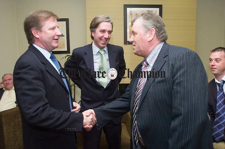 Special guest Ronnie Whelan and John Delaney, CEO of the FAI with Ger Kennedy club chairman at the Corofin Harps FC 40th anniversary celebrations at the West County hotel. Photograph by John Kelly.