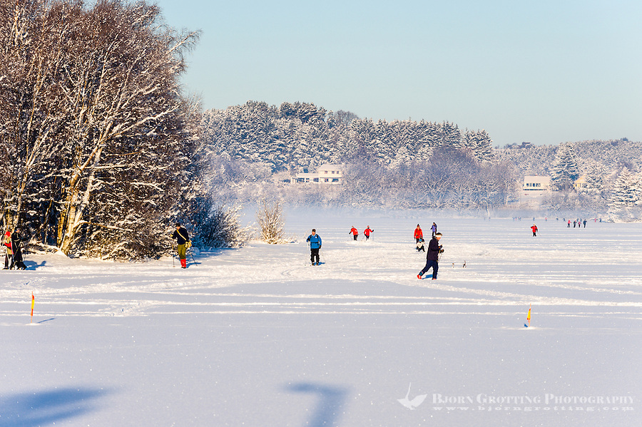 Norway, Stavanger. Skiing on Store Stokkavatn, close to the center of Stavanger. A cold day with frost smoke.