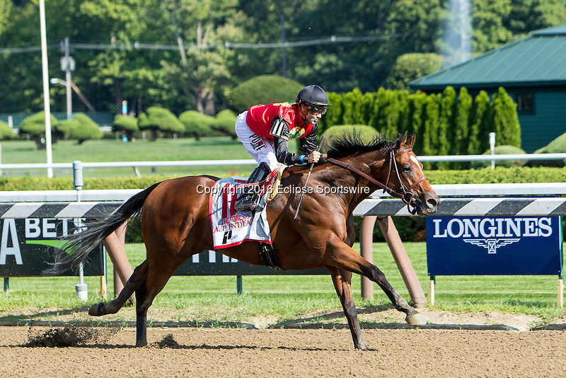 SARATOGA SPRINGS - AUGUST 27: A.P. Indian #11, ridden by Joe Bravo, wins the Priority One Jets Forego Stakes on Travers Stakes Day at Saratoga Race Course on August 27, 2016 in Saratoga Springs, New York. (Photo by Sue Kawczynski/Eclipse Sportswire/Getty Images)