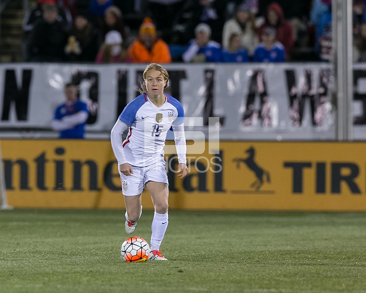 East Hartford, Connecticut - April 6, 2016: International friendly. U.S. Women's National Team (USWNT) (white) defeated Colombia (yellow), 7-0, at Pratt and Whitney Stadium on Rentschler Field.