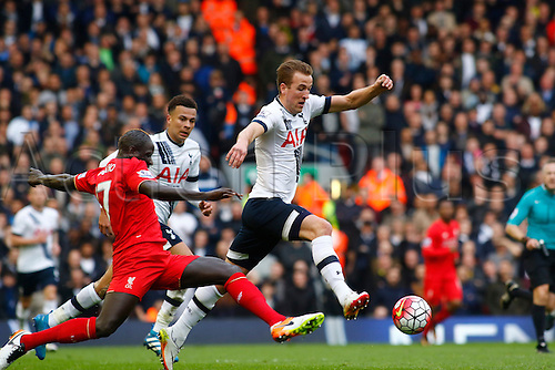 02.04.2016. Anfield, Liverpool, England. Barclays Premier League. Liverpool versus Tottenham Hotspur. Spurs striker Harry Kane rides the tackle of Liverpool defender Mamadou Sakho.