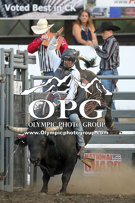 20 Aug 2014: Jesse Kardis was not able to score while competing in the Seminole Hard Rock Extreme Bulls competition at the Kitsap County Stampede in Bremerton, Washington.