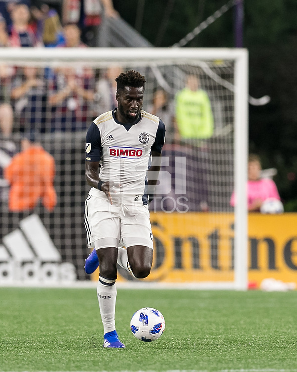 Foxborough, Massachusetts - August 11, 2018: In a Major League Soccer (MLS) match, Philadelphia Union (white) defeated New England Revolution (blue/white), 3-2, at Gillette Stadium.