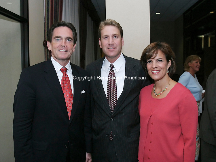 WATERBURY, CT 12 September 2005 -091205BZ14- From left- Sponsors James Smith, Chairman and C.E.O. of Webster Bank; Bob Anthony, attorney at Brown Rudnick, LLP; and Peg Anthony, of Cheshire;<br />
<br />
during the Saint Mary's Hospital 10th Annual Champion Golf Classic "Dinner of Champions" Monday night.<br />
Jamison C. Bazinet / Republican-American