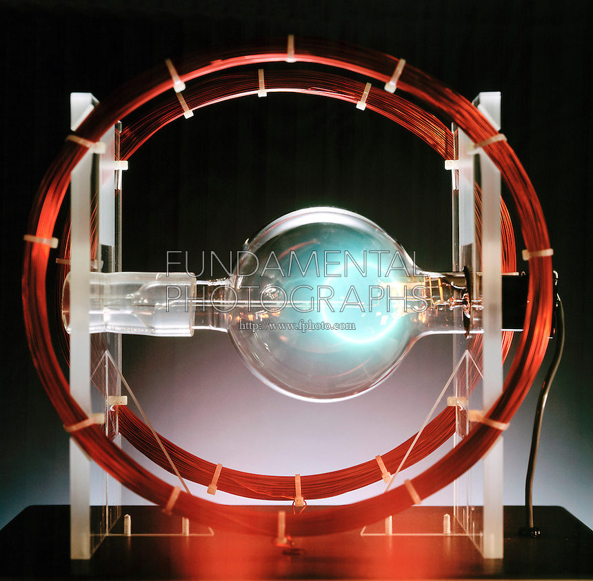 HELMHOLTZ COIL & TRAJECTORY OF ELECTRON BEAM<br />
Accelerating Voltage=130; Coil Current=1.42<br />
A uniform magnetic field, generated by Helmholtz coils, causes an electron beam to move in a curved path. As an increase in current causes greater field strength, the radius of the path decreases.