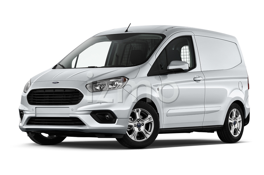 Stock pictures of low aggressive front three quarter view of a 2018 Ford transit courier Limited 4 Door Car Van