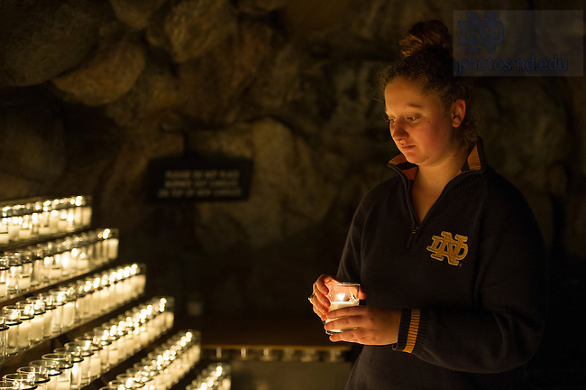 Oct. 16, 2014; Pre-pilgrimage blessing at the Grotto for Campus Ministry students. (Photo by Barbara Johnston/University of Notre Dame)