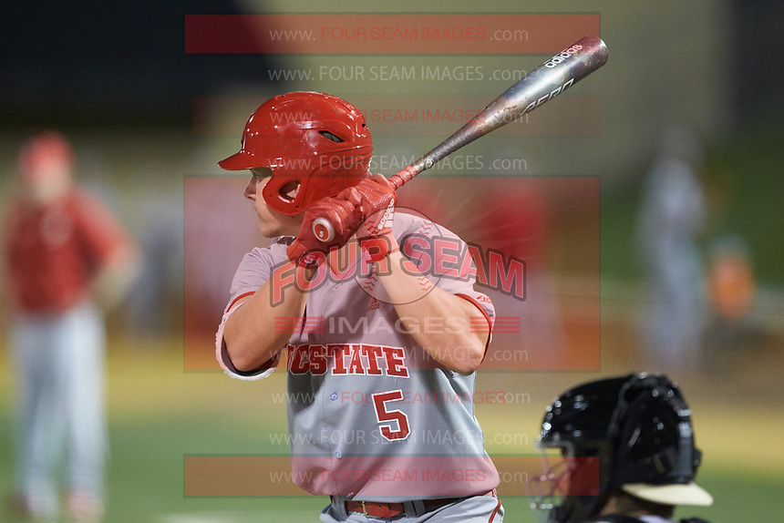 Patrick Bailey (5) of the North Carolina State Wolfpack at bat against the Wake Forest Demon Deacons at David F. Couch Ballpark on April 18, 2019 in Winston-Salem, North Carolina. The Demon Deacons defeated the Wolfpack 7-3. (Brian Westerholt/Four Seam Images)