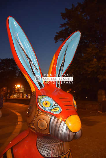GoGoHares sculpture trail Norwich July 2018. At the end of the summer the hares will be auctioned off for the charity Break. UK. Hare on Bishop Bridge