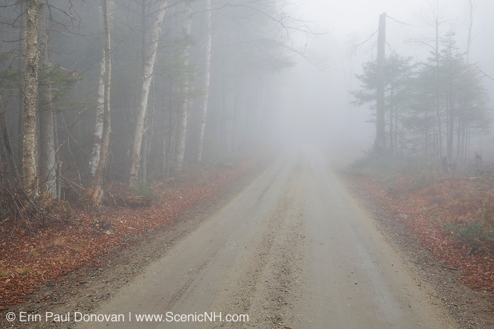 Long Pond Road (old North and South Road) in Benton, New Hampshire USA on a rainy and foggy autumn day.