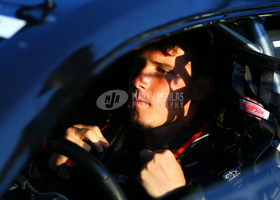 Apr 21, 2017; Baytown, TX, USA; NHRA pro stock driver Alex Laughlin during qualifying for the Springnationals at Royal Purple Raceway. Mandatory Credit: Mark J. Rebilas-USA TODAY Sports
