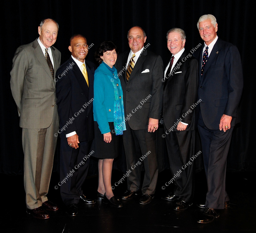 2009 inductees of the Wisconsin Athletic Hall of Fame - Left to right: Ab Nicholas, Lee Kemp, Judy Sweet, Barry Alvarez, Bob Harlan, and John Powless