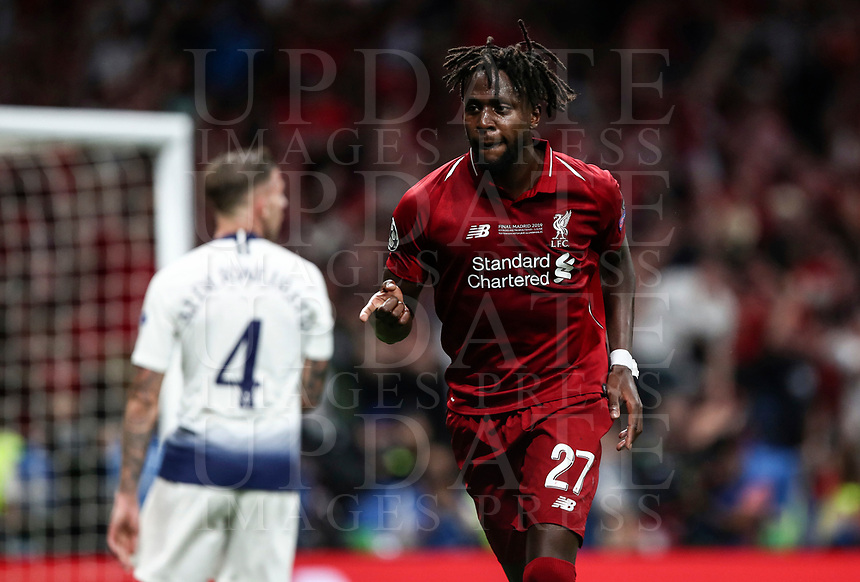 Liverpopol's Divock Origi celebrates after scoring during the UEFA Champions League final football match between Tottenham Hotspur and Liverpool at Madrid's Wanda Metropolitano Stadium, Spain, June 1, 2019. Liverpool won 2-0.<br />
UPDATE IMAGES PRESS/Isabella Bonotto