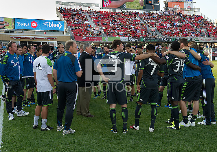 The Seattle Sounders FC team huddle during an MLS game between the Seattle Sounders FC and the Toronto FC at BMO Field in Toronto on June 18, 2011..The Seattle Sounders FC won 1-0.